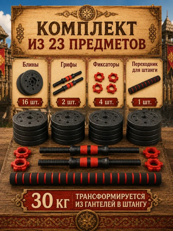 Гантели разборные с грифом набор 30 кг AbcAge